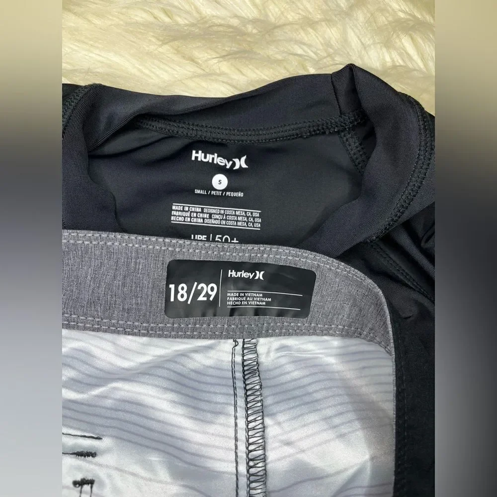 Hurley Kids Black Rash Guard and Multicolor Swim Shorts Set sz small/29